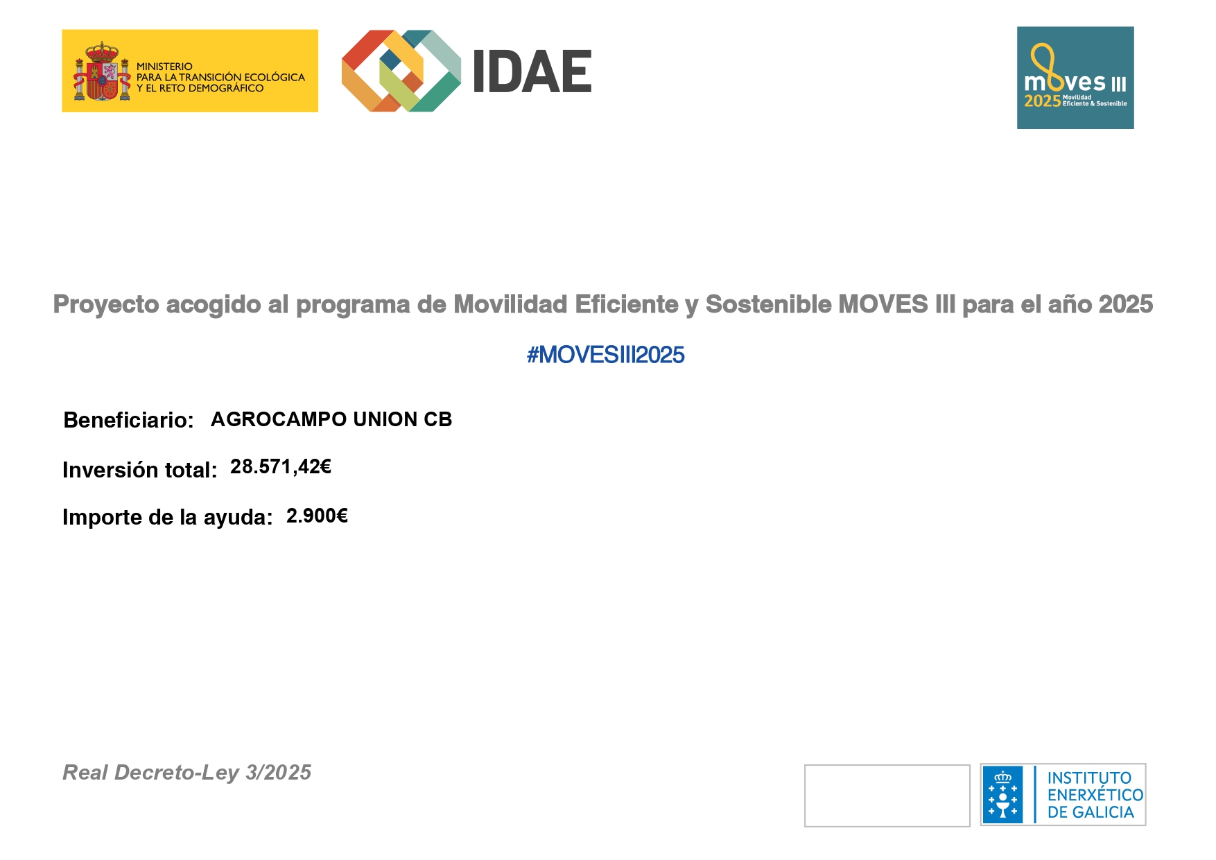Proyecto acogido al programa de Movilidad Eficiente y Sostenible MOVES III para el año 2025